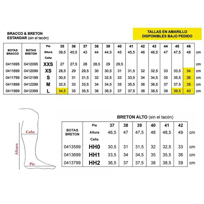 Tabela de tamanhos para botas Bracco e Breton com medidas de pé, altura e canha em centímetros