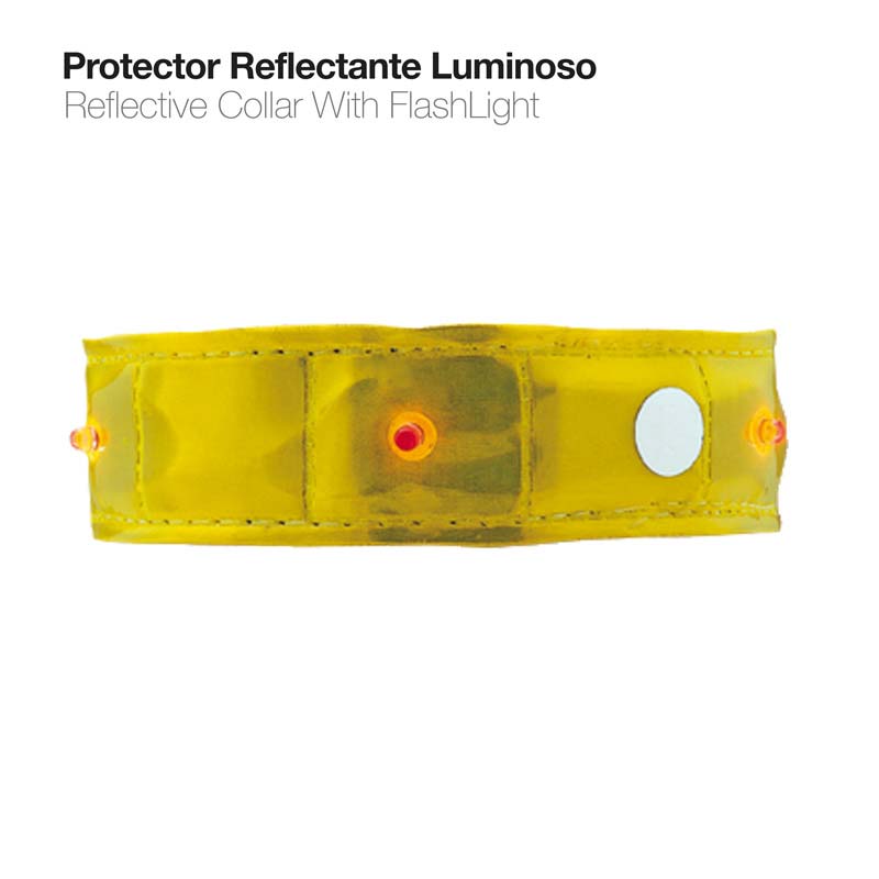 Colar refletor luminoso amarelo com luzes vermelhas e botão branco