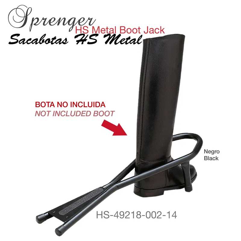 Sacabotas metálico negro HS Metal ao lado de uma bota preta alta com texto informativo visível