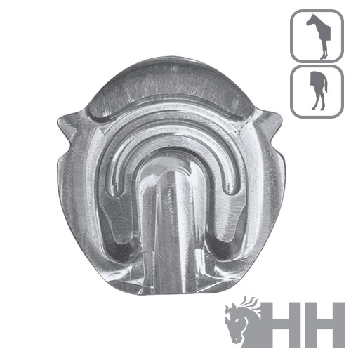 Peça metálica prateada com desenhos curvos, fundo branco, logo HH e ícones de cavalo