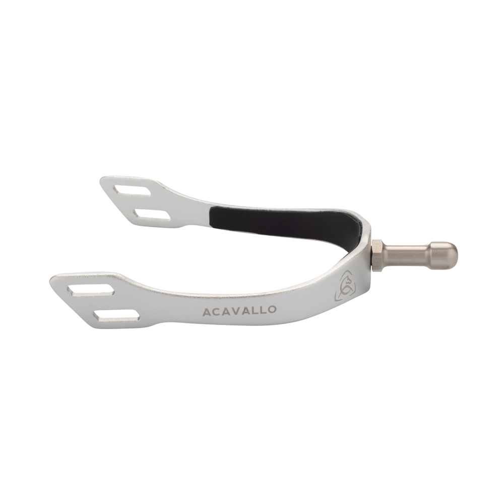 Espora de equitação de metal prateado com revestimento preto interno e gravação ACAVALLO