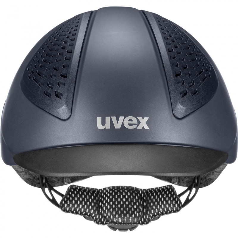 Capacete cinza-escuro uvex com ventilações e acolchoado preto padrão branco