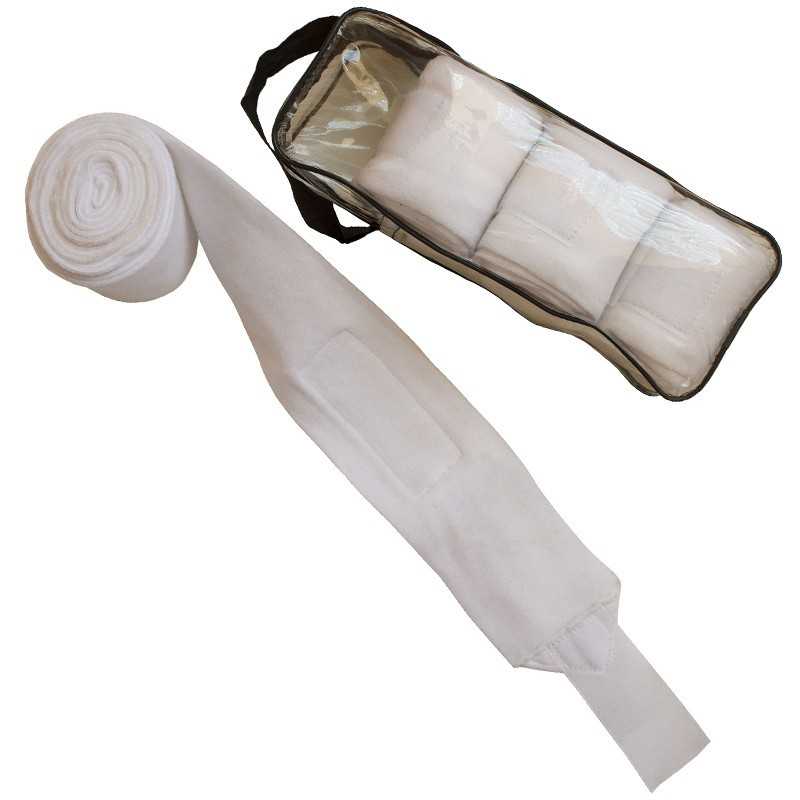Bandagens brancas para equitação com bolsa transparente
