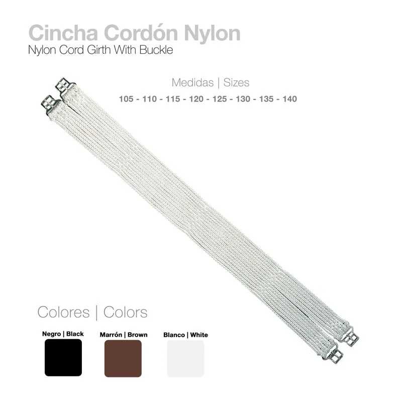 Cincha Cordón de nylon branco com fivelas metálicas e informações de medidas e cores.