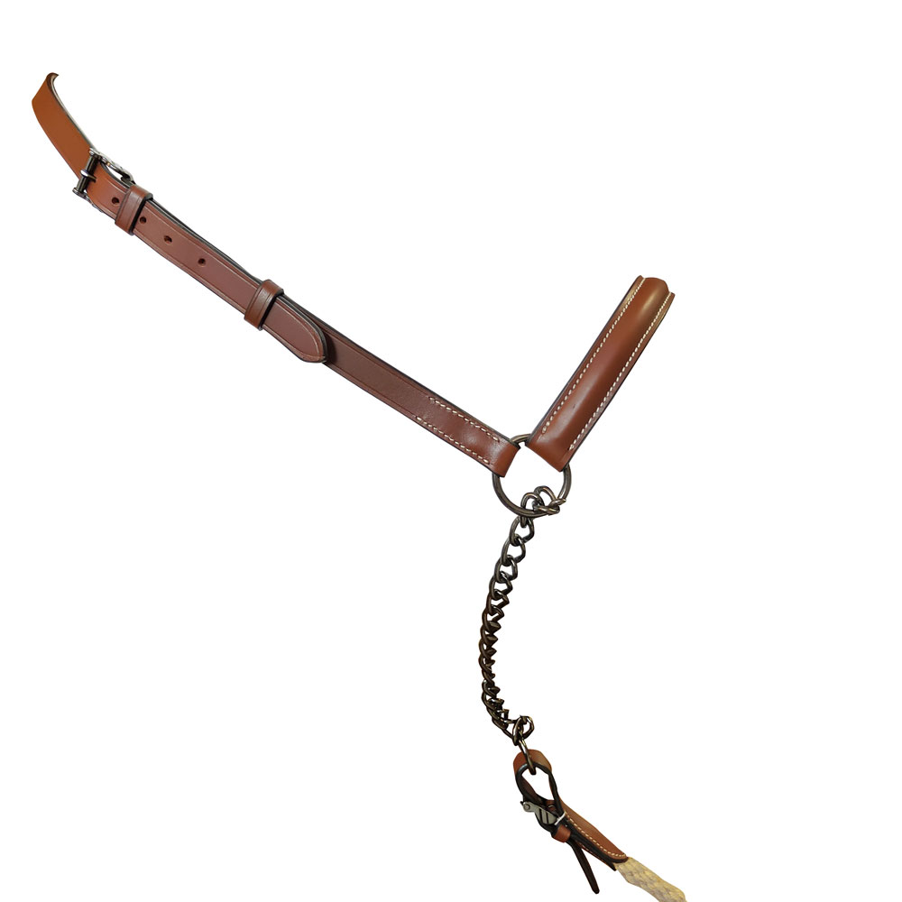 Coleira de couro castanho com fivela e corrente metálica.