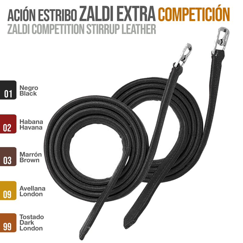 Dois estribos pretos enrolados com fivelas metálicas prateadas