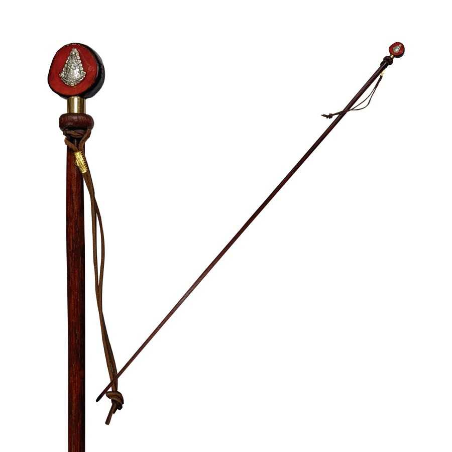 Varinha de madeira escura com topo vermelho e emblema metálico.