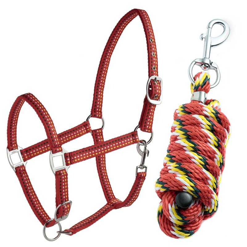 Cabeçada vermelha em nylon com corda colorida de condução