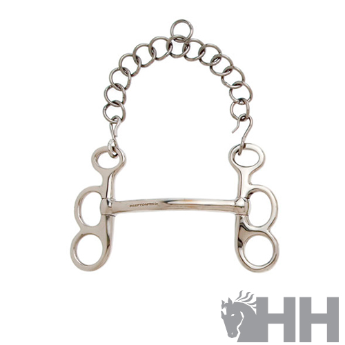 Freio de cavalo em metal prateado com barra reta e corrente