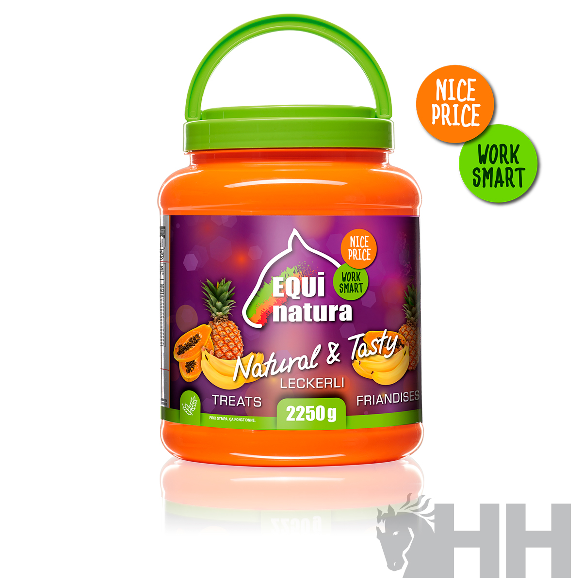 Recipiente laranja com tampa verde de guloseimas Equi natura Natural & Tasty com imagens de frutas