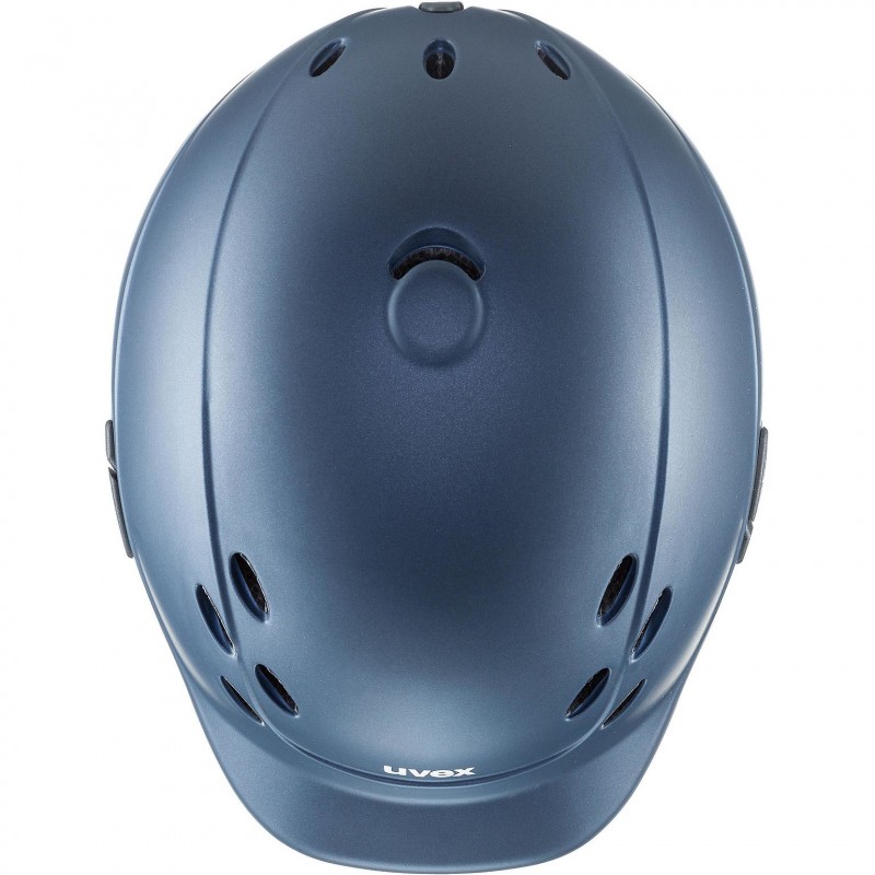 Capacete azul metálico fosco com ventilação e texto UVEX visto de cima