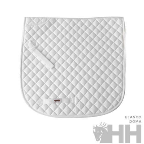 Tapete de sela branco com padrão em losangos e fita de fixação, etiqueta HH