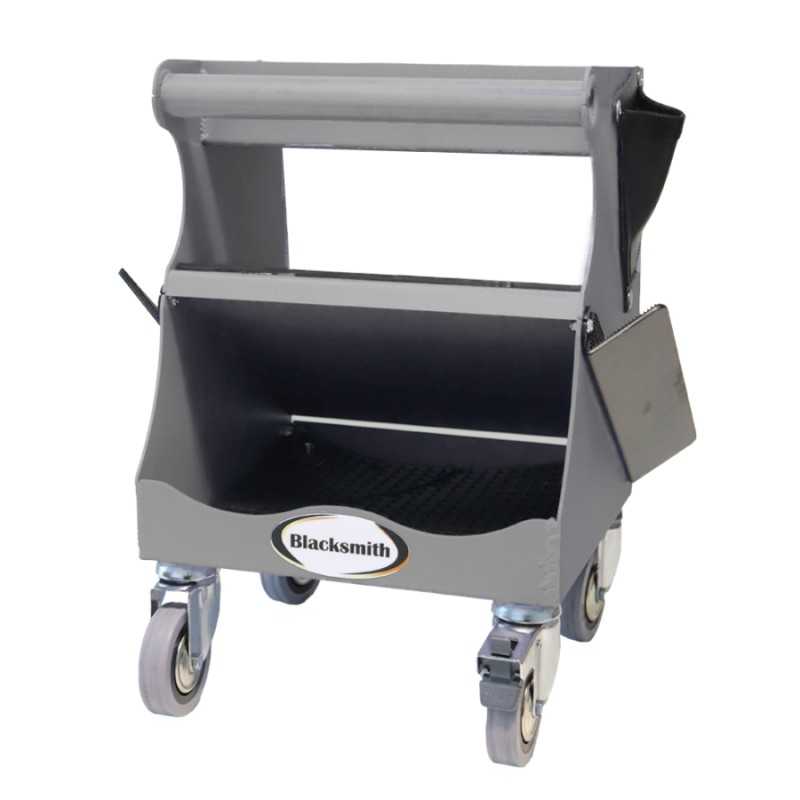 Carrinho de ferramentas metálico cinzento com rodas e etiqueta Blacksmith