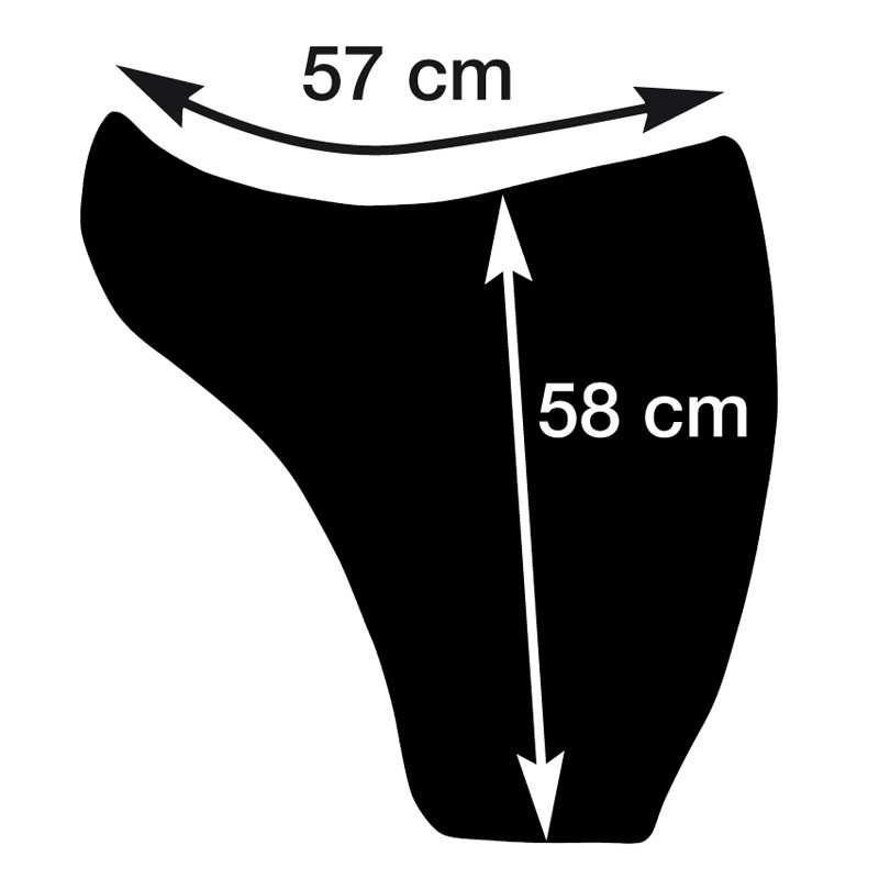 Peça de roupa preta com medidas 57 cm e 58 cm indicadas