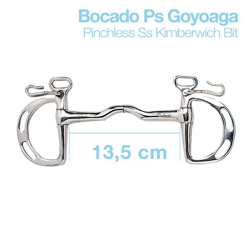 Bocado metálico prateado para cavalo com texto azul e fundo branco.
