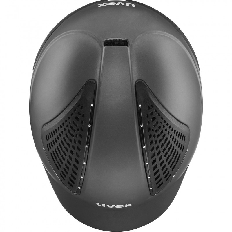 Capacete preto com ventilação e texto uvex