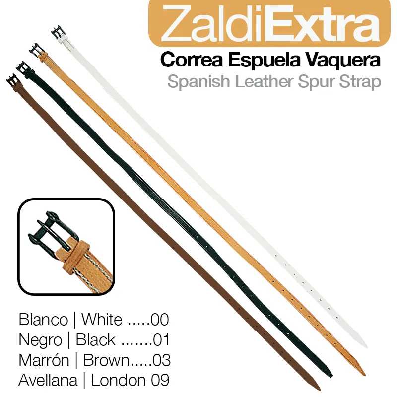Correas de espuelas vaqueras de cuero en varios colores con hebillas negras y texto descriptivo.
