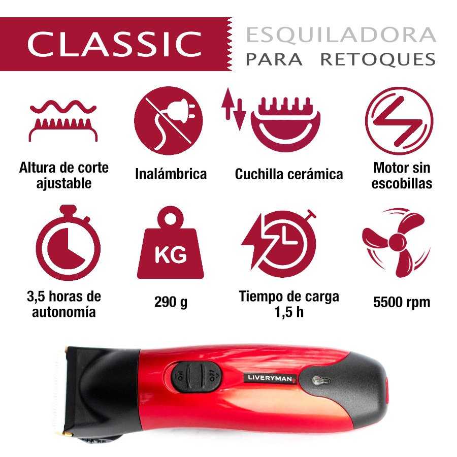 Máquina de cortar cabelo sem fios vermelha e preta com texto descritivo em espanhol