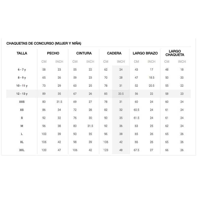Tabela de tamanhos para chaquetas de concurso com medidas detalhadas.