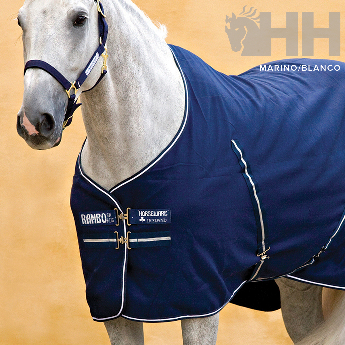 Cobertura azul-marinho para cavalo com texto RAMBO HORSEWARE IRELAND