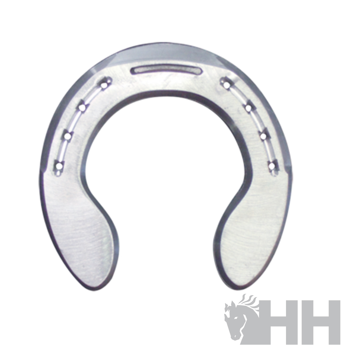 Ferradura metálica prateada em forma de U com orifícios para pregos