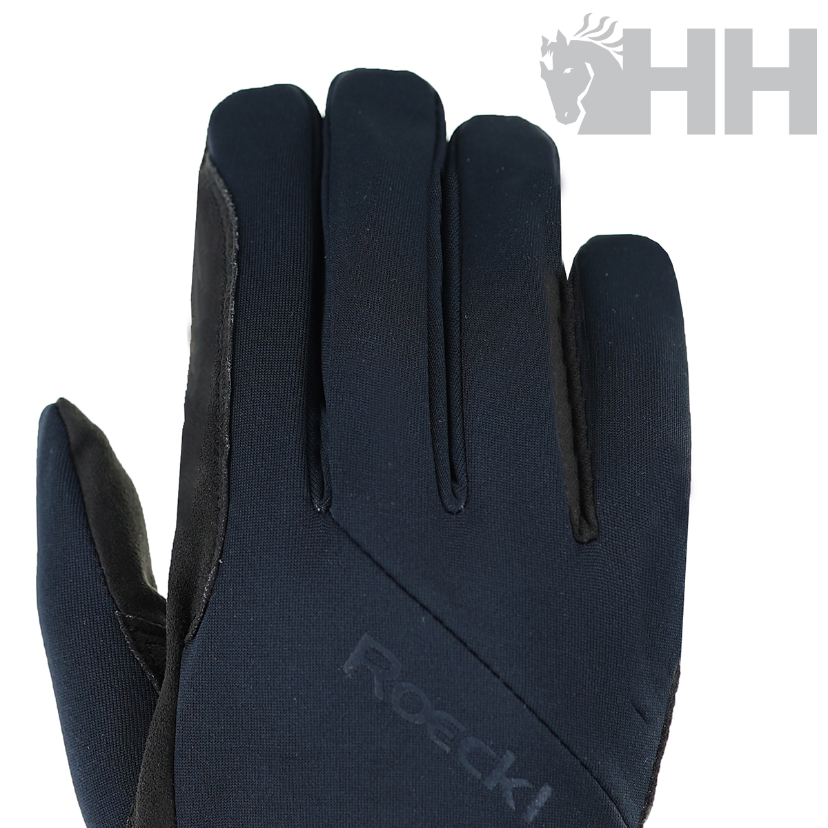 Luva azul escura com detalhes pretos e texto Roeckl