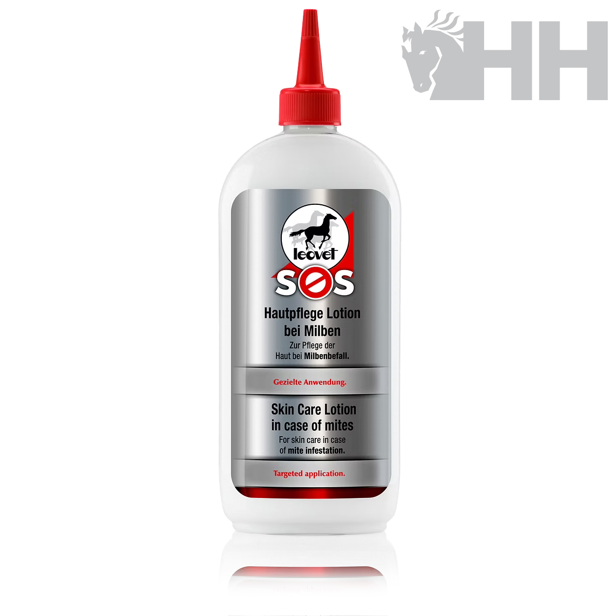 Frasco branco com tampa vermelha e rótulo cinza do produto Leovet SOS para cuidados da pele contra ácaros