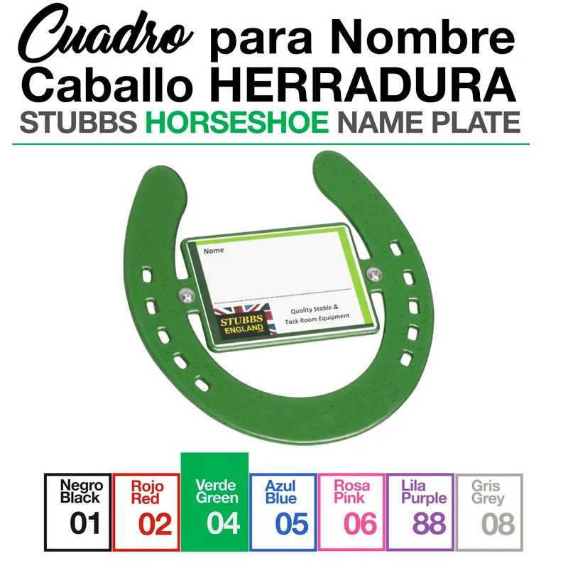 Ferradura verde com placa para nome e opções de cores