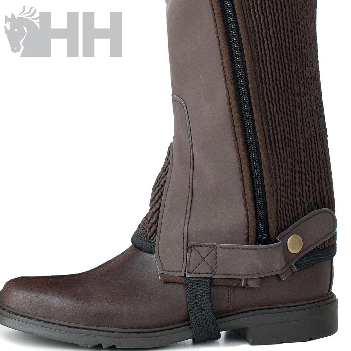 Bota de equitação castanha em couro e tecido elástico com fecho e tira ajustável