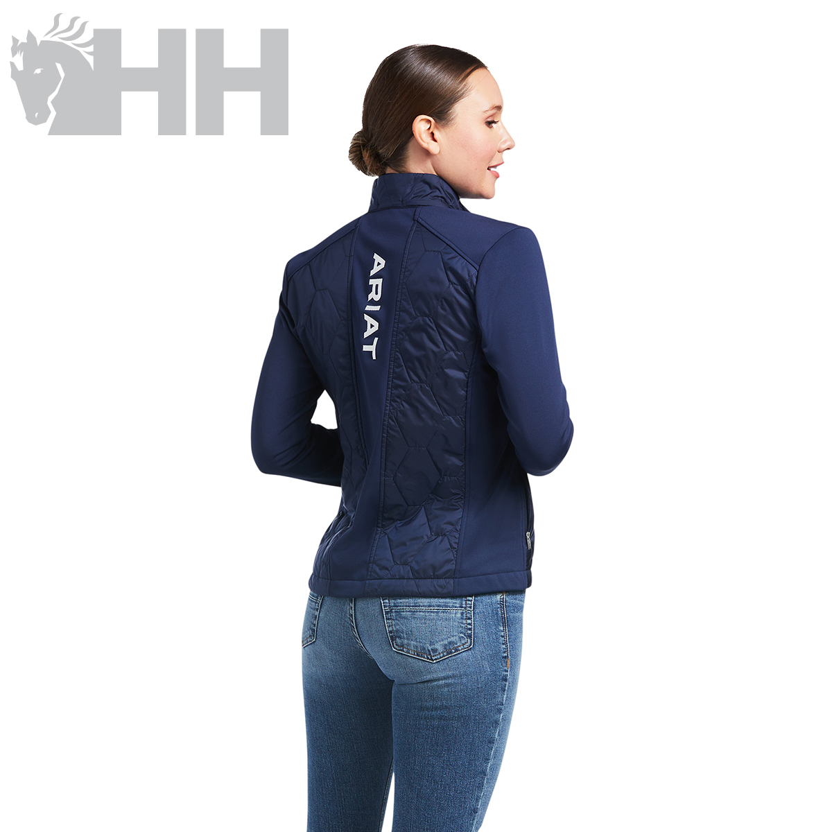 Casaco azul escuro feminino com nome ARIAT nas costas