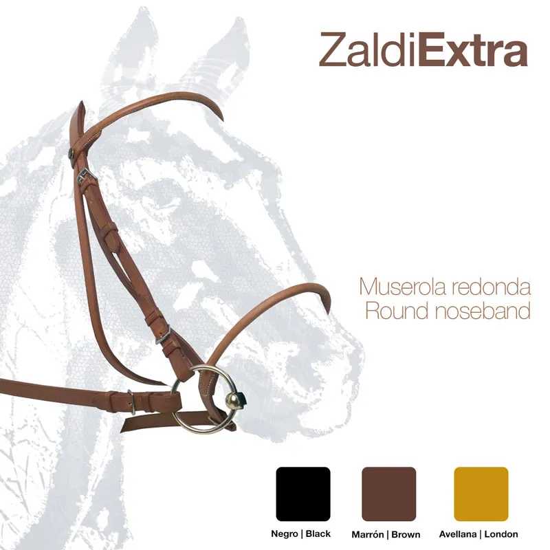 Cabeçada para cavalo Zaldi Extra castanha com muserola redonda sobre fundo branco com imagem de cavalo esbatida