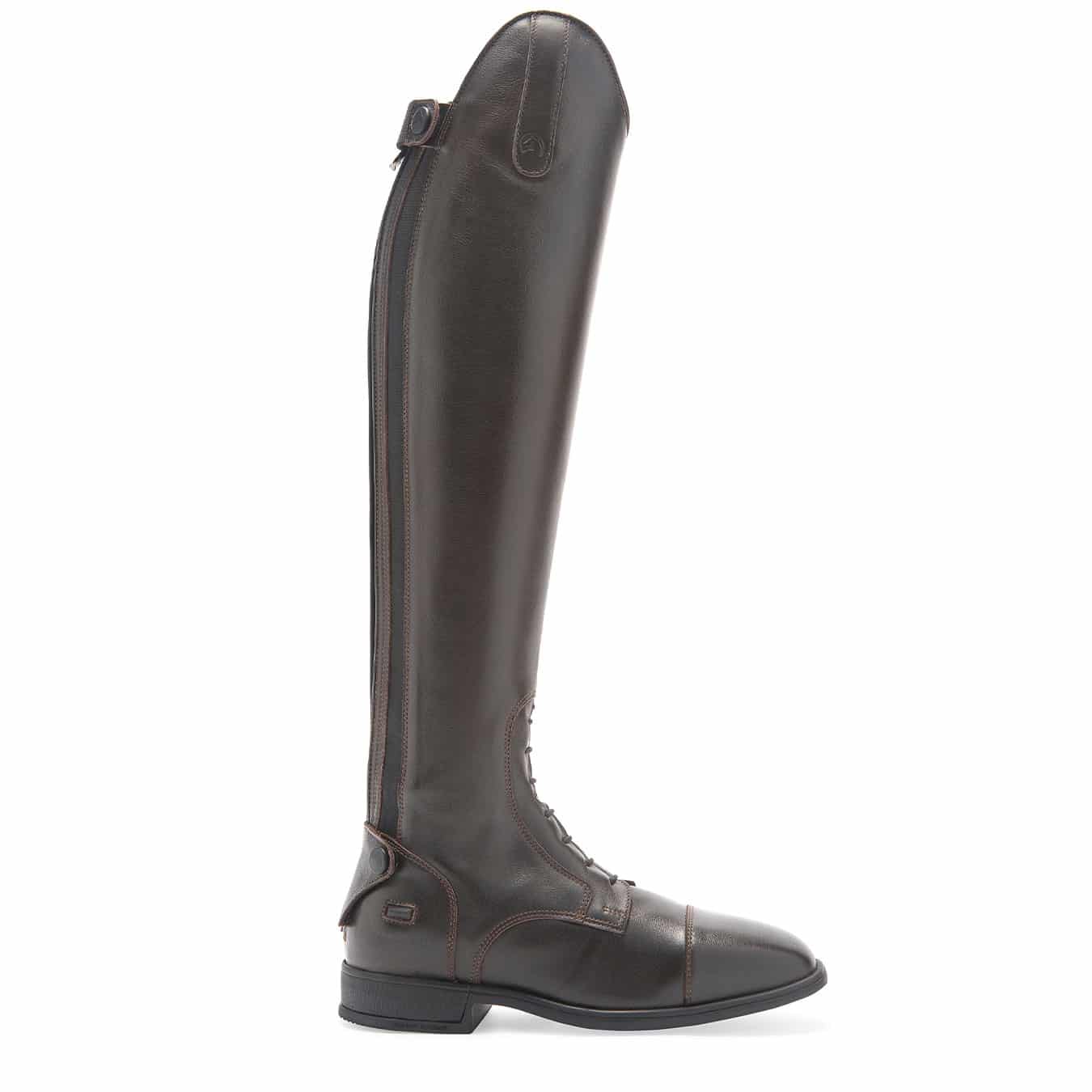 bota alta castanha em couro com fecho lateral e atacadores frontais