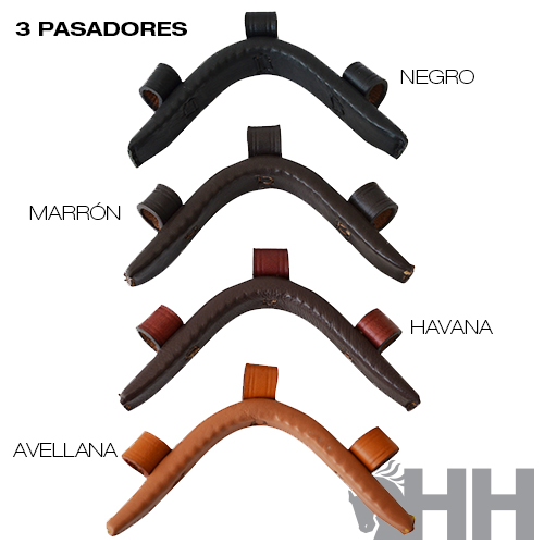 Azeiteiras de couro com três passadores em quatro cores diferentes