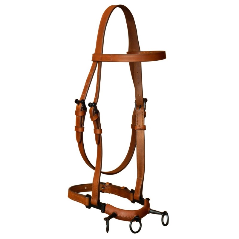 Bridão castanho de couro com fivelas e argolas metálicas