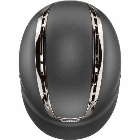 Capacete de equitação cinza escuro com detalhes cromados e texto UVEX