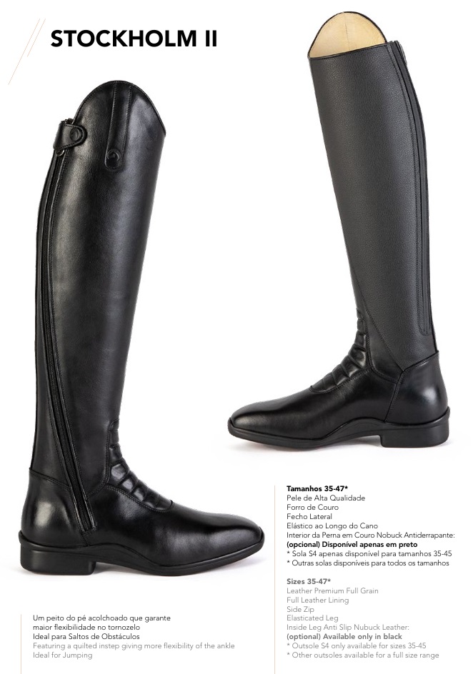 Botas pretas de equitação altas em pele com fecho lateral e sola antiderrapante