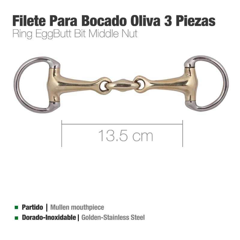 Filete para bocado dourado com três peças e anéis prateados, com indicação de medidas e materiais.