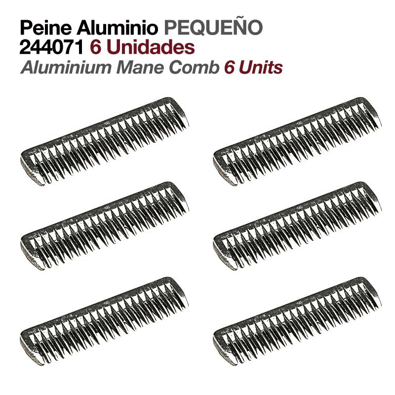 Conjunto de 6 pentes pequenos em alumínio com texto descritivo