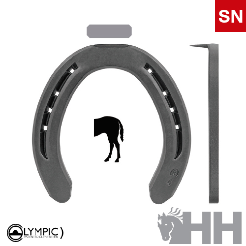 Ferradura cinzenta ventilada com clipe metálico e logótipos ligados a cavalo