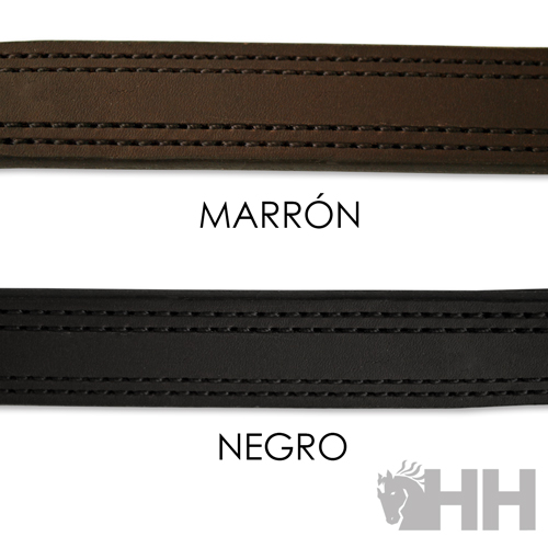 Duas tiras de couro castanho e preto com costura, texto MARRÓN e NEGRO, logótipo HH