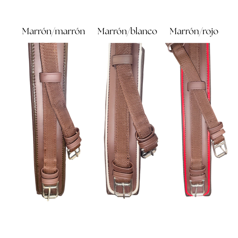 Três cintos de couro castanho com bordas marrón, branco e vermelho, etiquetados com as cores acima.