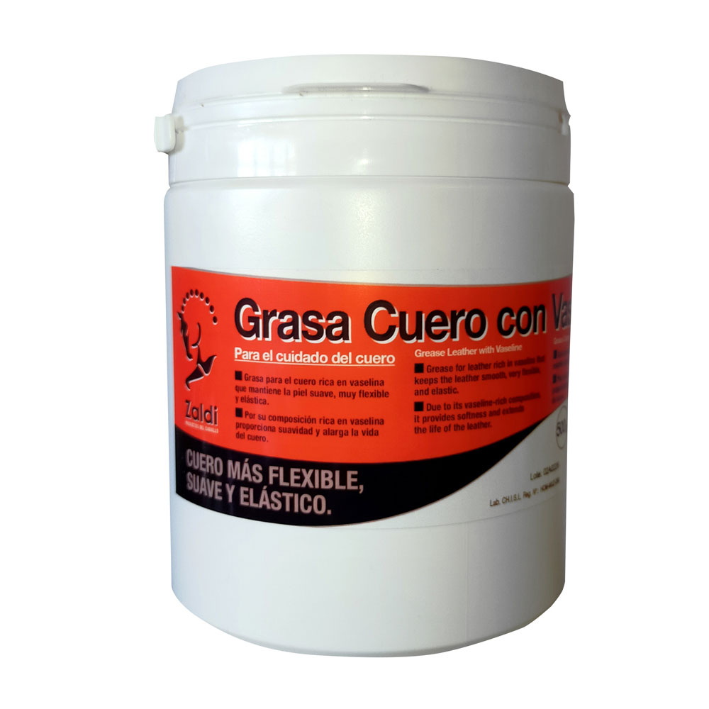 Recipiente branco de graxa para couro com rótulo vermelho e preto