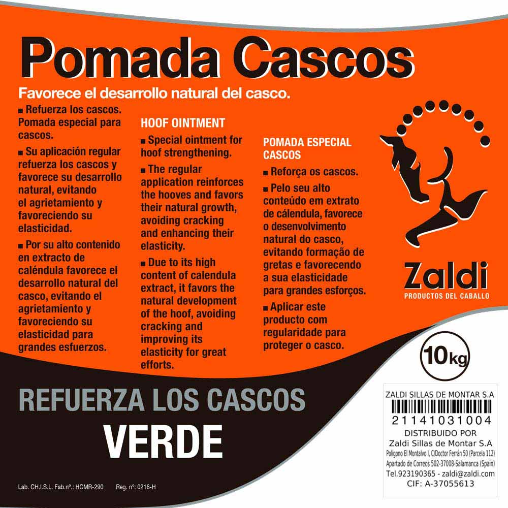 Etiqueta de pomada para cascos Zaldi com texto em várias línguas e cor laranja e preta.