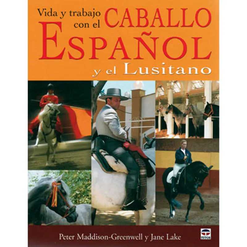 Capa de livro sobre cavalos espanhóis e lusitanos com fotos de cavaleiros e cavalos