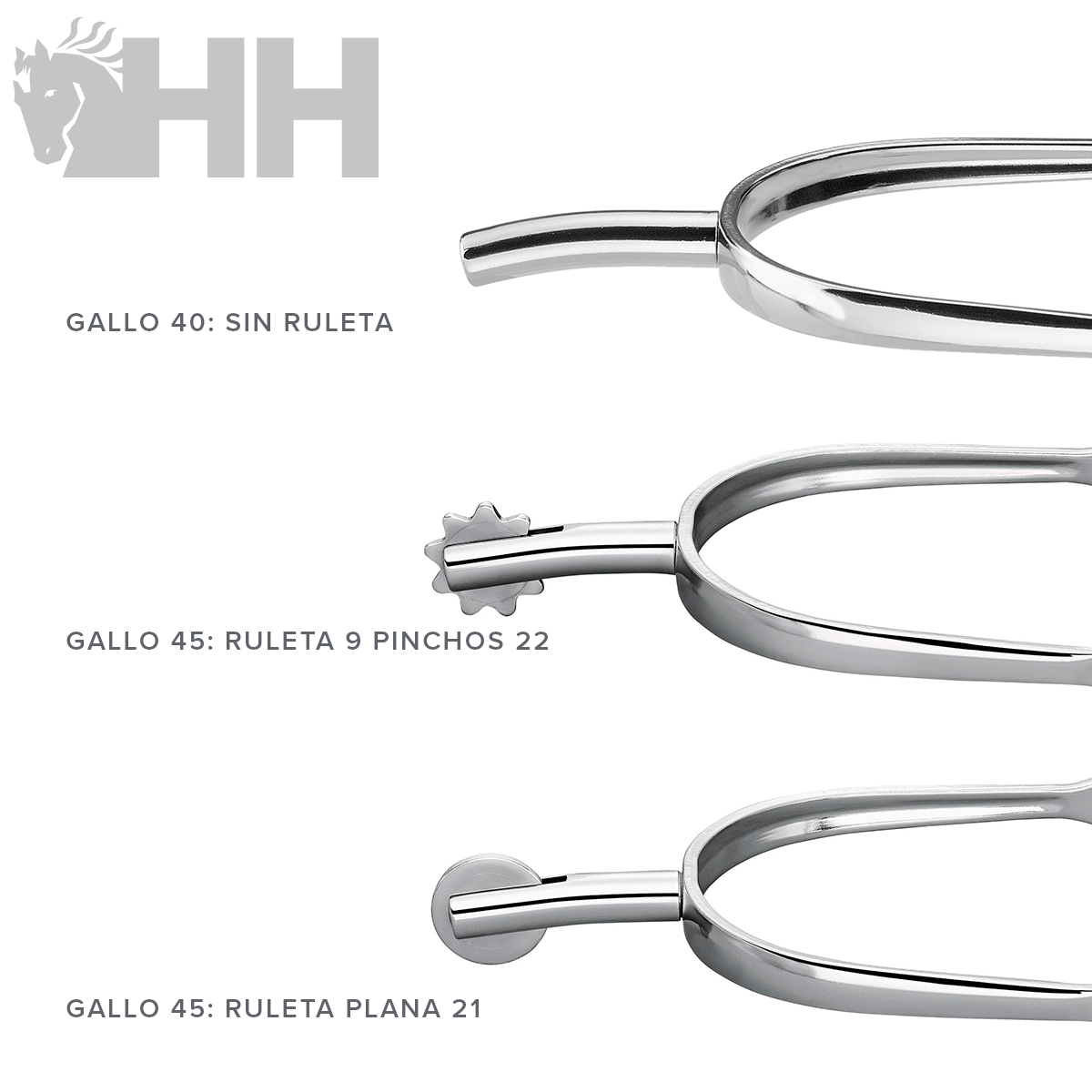 Três esporas metálicas prateadas com diferentes ruletas e texto de especificação ao lado do logo HH