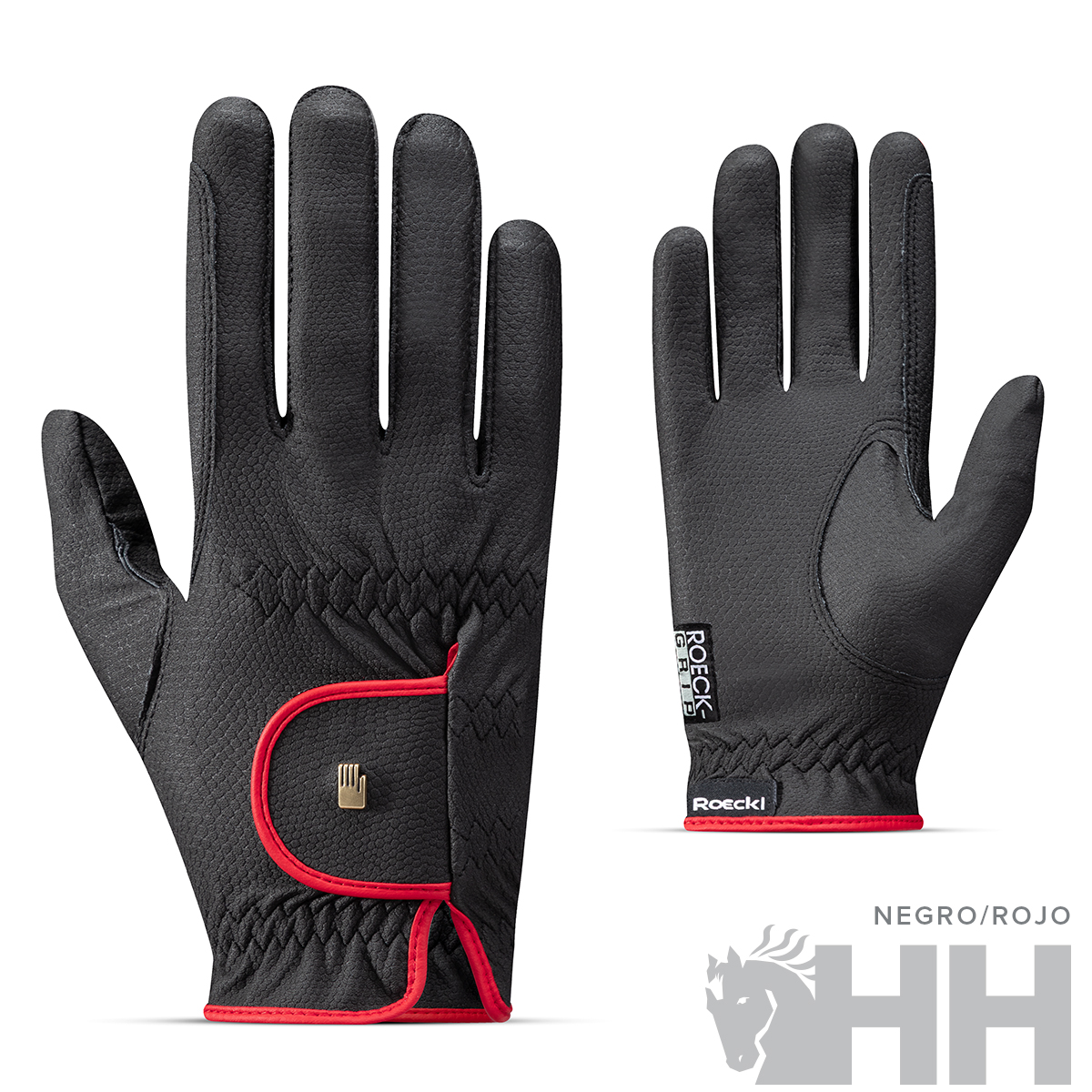 Par de luvas pretas com contorno vermelho e etiquetas em fundo branco