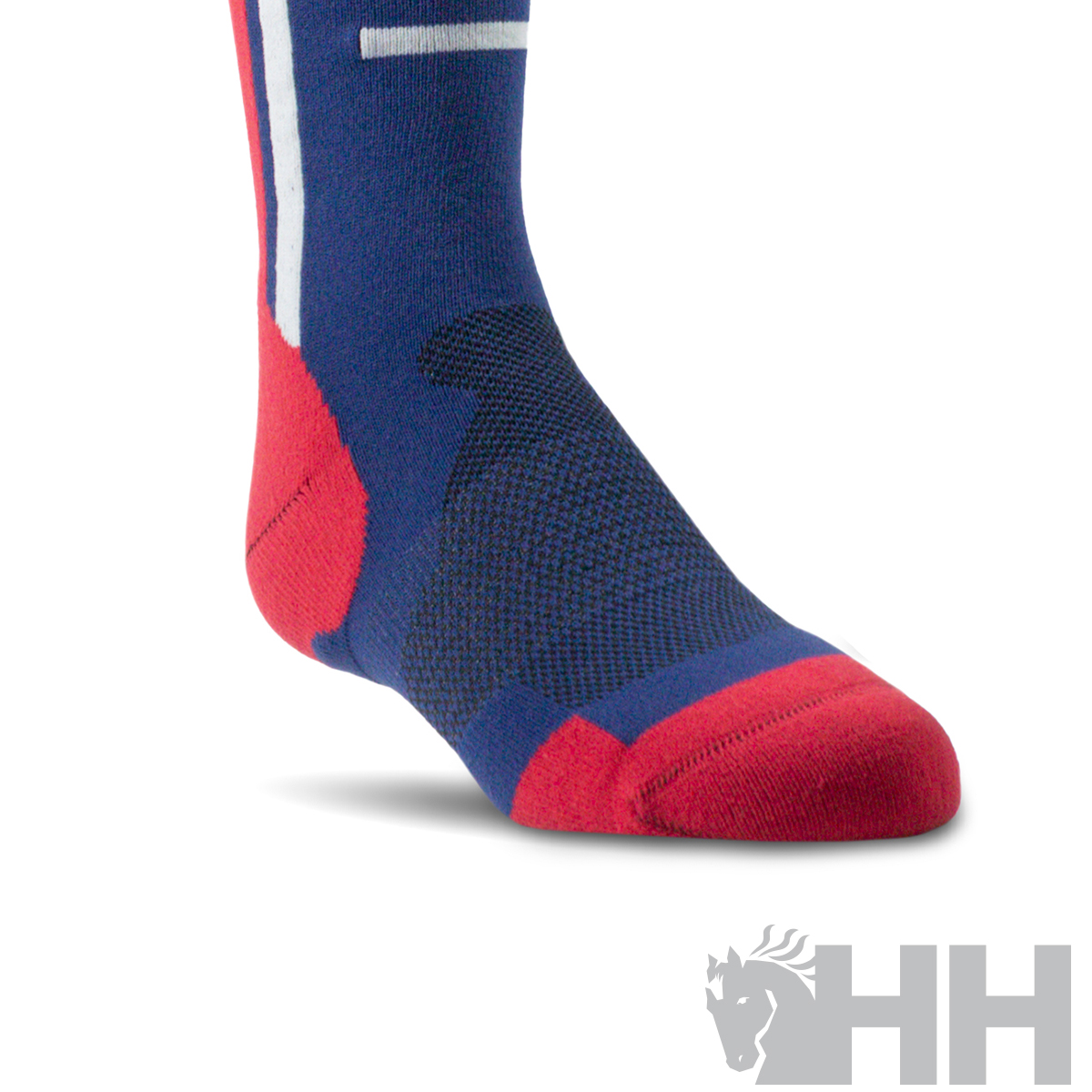 Meia desportiva azul escuro com vermelho e detalhes pretos