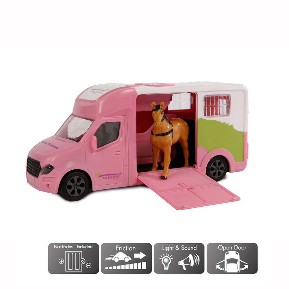Carrinha de transporte de animais de brinquedo cor-de-rosa com figura de cavalo castanho e detalhes em branco e verde.