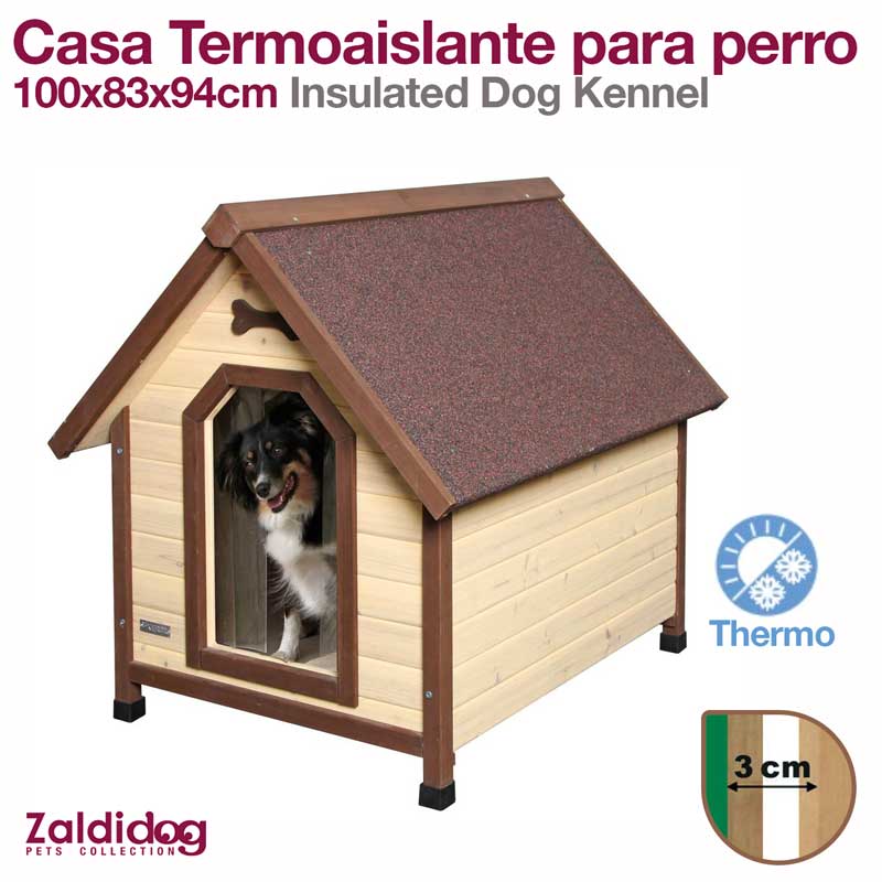 Casa termoaislante para cão em madeira clara com tecto castanho e porta de vidro com cão dentro
