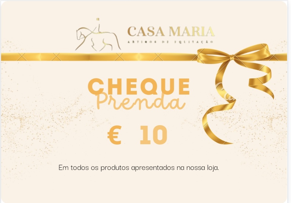 Cheque presente CASA MARIA 10 euros com laço dourado e texto em fundo creme